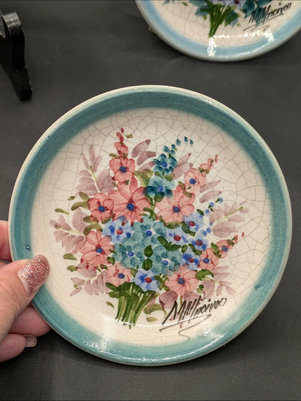 Hand-Painted Floral Ceramic Plates - Blue Trim Vtg Norwegian